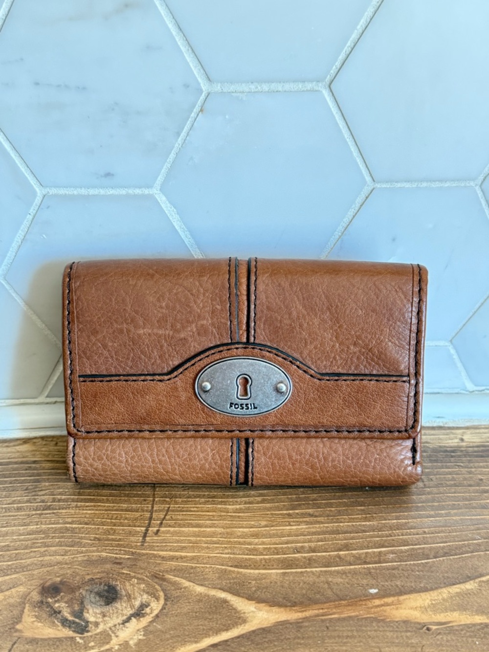 Fossil brown tri fold leather wallet